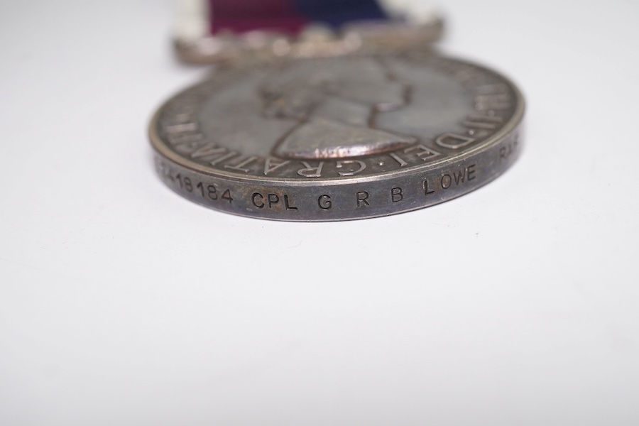 Three assorted service medals; GVI Cadet Forces medal to ACT. FG. Off. A. Liddell R.A.F.V.R (T); ERII Civil Defence Long Service medal unnamed; ERII RAFLSGC to E2418184 Cpl G R B Lowe RAF. Condition - fair to good.